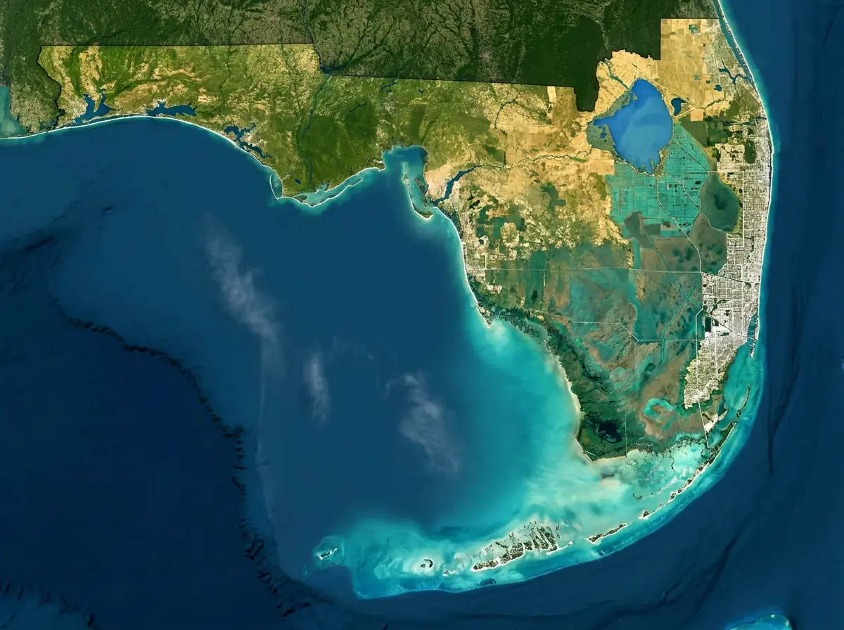 GTA 6 map of Leonida — satellite view of the Florida-style peninsula the state is modelled on